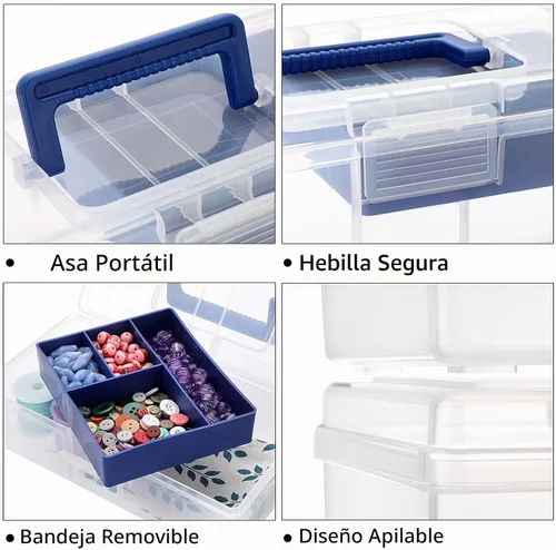 Vista 3 de BTSKY Caja de almacenamiento de plástico transparente con bandeja extraíble, caja de almacenamiento de artículos de papelería multiusos con asa Azul