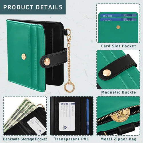 Vista 5 de Warm Green Wallet for Women, Small Slim PU Leather Credit Card Wallets RFID Blocking Bifold, Zipper Coin Pocket Purse