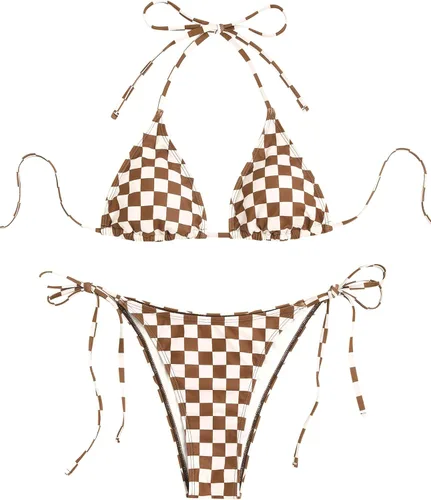Vista 7 de ZAFUL Bikinis triangulares estampados para mujer, 2 piezas, bikini halter, traje de baño de corte alto, traje de baño con lazo lateral 0-negro a