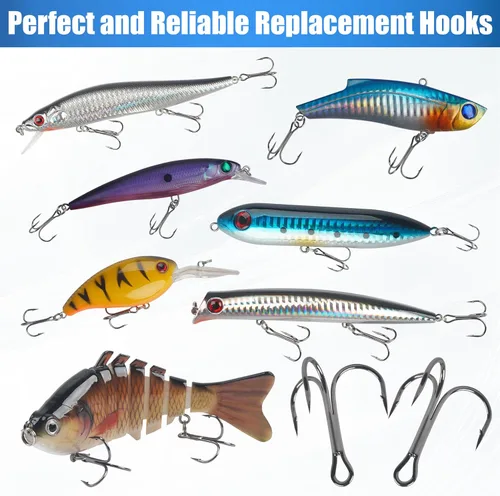 Vista 5 de Fishing Treble Hooks Kit, High Carbon Steel Treble Hook Strong Sharp Round Bend Fishing Hook Triple Fish Hook with Split Rings for Trout Hard Bait