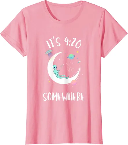 Vista 12 de Funny Weed Joint Smoking Moon Alien It's 4:20 Somewhere Camiseta, Negro, S
