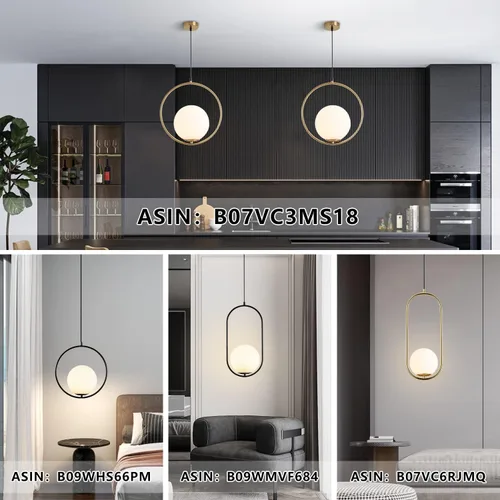 Vista 9 de KCO Moderna lámpara colgante de globo dorado con 1 luz individual de cristal blanco para isla de cocina, lámpara colgante ajustable de mediados