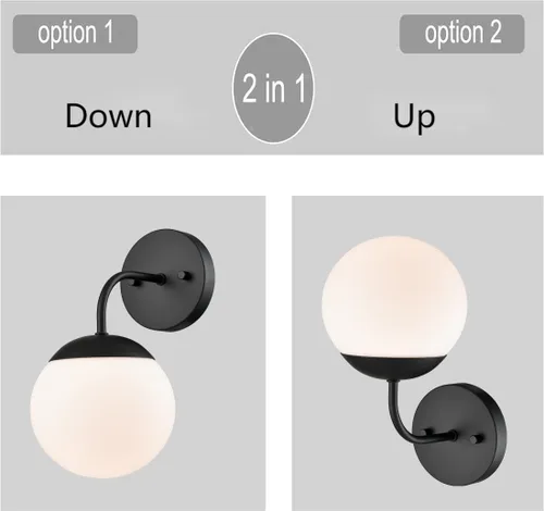 Vista 3 de Juego de 2 apliques de pared negros de estilo nórdico moderno con forma de globo lechoso para tocador de baño