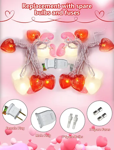 Vista 3 de Tira de luces de corazón enchufables, luces de San Valentín de 8.5 pies para interiores y exteriores, con forma de corazón, con 10 LED