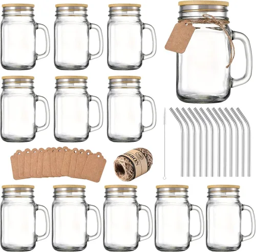 Vista 9 de TANGLONG 12 tarros Mason de 16 oz con asa y tapas para manualidades y fiestas Vasos para beber, tazas de vidrio con asas, regalos caseros, café