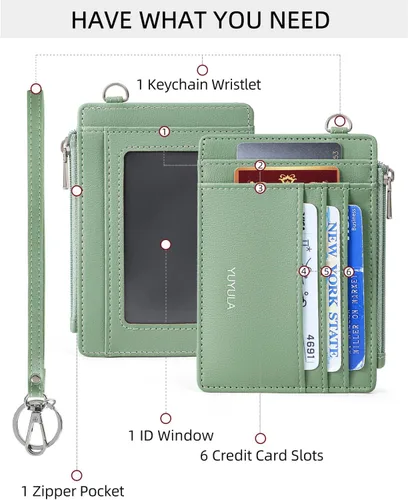 Vista 3 de Cartera de cuero suave con bloqueo RFID para mujer, con bolsillo con cremallera, pulsera delgada, Verde, Elegancia clásica