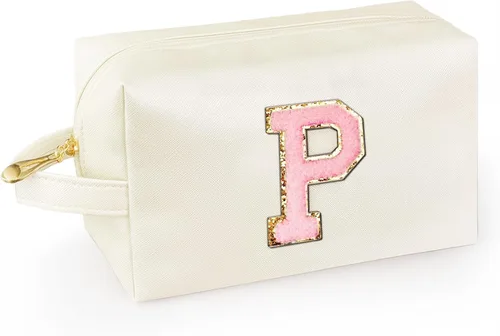Vista 44 de Bolsa de maquillaje personalizada con inicial con asa, bolsa de cosméticos de preparación con bolsillo interior con cremallera, 8, 9, 10, 11, 12 Rosa