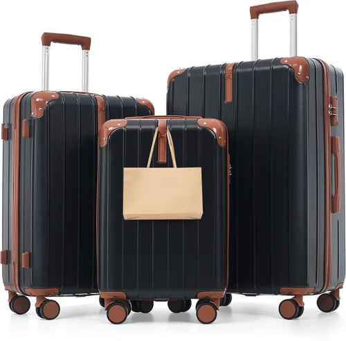 Vista 31 de Merax 3 piezas expandible ABS Hardshell equipaje Sets Spinner Wheel Maleta TSA Lock Suit Case, Apertura frontal negra, Juego de 2 piezas, Maleta