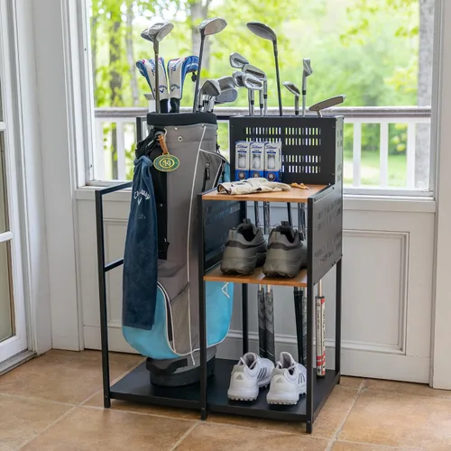 Vista 10 de Organizador de almacenamiento de golf Teal Triangle, almacenamiento gratuito para garaje resistente, contiene palos de golf, bolsas, accesorios