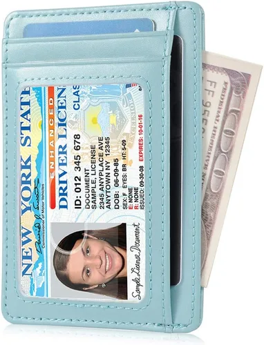 Vista 2 de Slim RFID - Soporte para tarjetas con sistema de bloqueo, billetera de cuero de bolsillo frontal minimalista para mujer