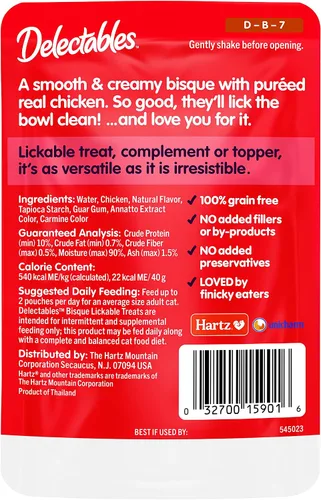 Vista 7 de Delectables Lickable Treat Bisque - Golosina húmeda para gatos sin mariscos con pollo real, adorno de alimentos, hidratante, sin granos, sin