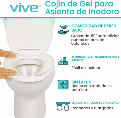 Vista 2 de Vive - Funda de cojín de gel para asiento de inodoro - Almohadilla elevada y acolchada para sillas alargadas, estándar y para inodoro Transparente
