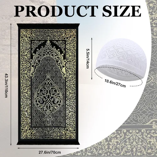 Vista 2 de Mindsoft 10 alfombras de oración musulmana islámica con sombreros Kufi, gorra de oración, cuentas de oración musulmanas Tasbih, brújula portátil