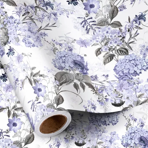 Vista 14 de RUSPEPA Papel de regalo reversible floral para niñas y mujeres, mini rollo, acuarela azul floral y azul sólido papel de regalo para cumpleaños