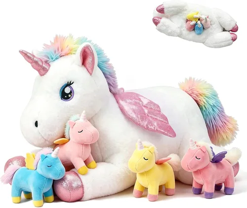 Vista 14 de MMguai Peluche Suave de Bulldog Lindo Bulldog Francés Animales de Peluche con 4 Peluches de Cachorro Bebé en su Barriga, Almohada Blanda Grande