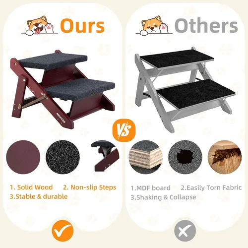 Vista 6 de MEWANG - Escaleras de madera para mascotas/escalones para mascotas, escaleras plegables 2 en 1 y rampa para camas y autos, escalera portátil