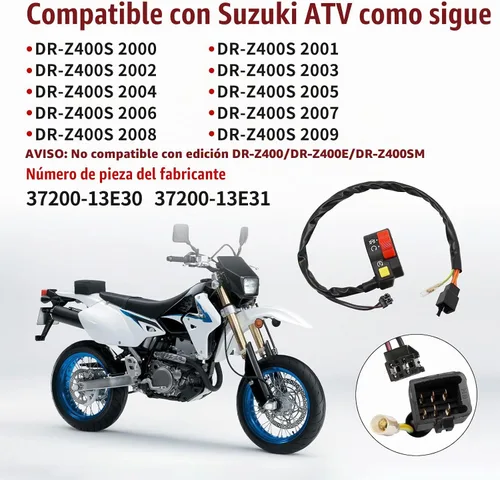 Vista 2 de M MATI Interruptor de manillar derecho Botón de arranque y parada de apagado para Suzuki DRZ400S DR-Z400S 2000-2009 37200-13E30 37200-13E31