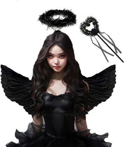 Vista 6 de Black Angel Wings Set,3PCS Halloween Angel Costume, Black Angel Accessories Set Halloween Angel Costume for Halloween Christmas Party (Black)