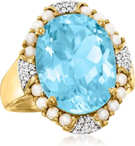 Vista 4 de Ross-Simons Anillo de topacio azul cielo de 11.00 quilates con diamantes y perlas de semillas de 0.10 quilates en oro de 18 quilates sobre plata