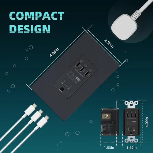 Vista 6 de TOPELER Tomacorriente USB de pared negra, tomacorriente USB de carga ultrarrápida GaN de 65W para laptop, receptáculo resistente a manipulaciones