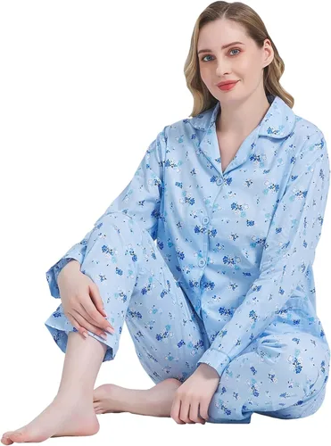Vista 6 de Amaxer Conjunto de pijama 100% algodón para mujer, de manga larga, suave, con botones, con cordón elástico