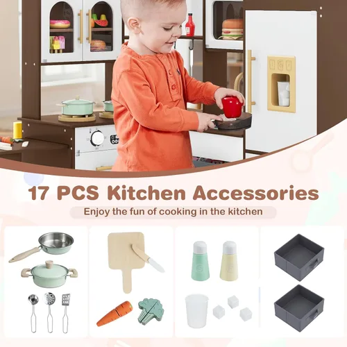 Vista 8 de INFANS Cocina esquinera para niños, juego de madera con carrito telescópico, luces realistas, sonidos, máquina de hielo, cajones de tela, horno