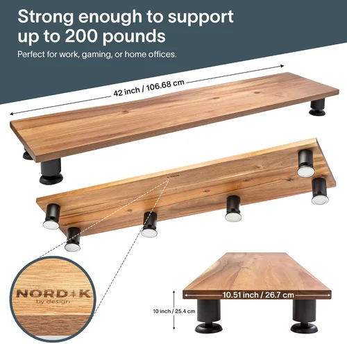 Vista 4 de Nordik - Elevador grande de doble monitor para 2 – 42.5 pulgadas de madera dura de acacia hecha a mano – Estante de madera organizador de escritorio