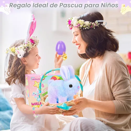 Vista 7 de CatchCute - Conejitos de peluche de Pascua para niños, conejo interactivo con sonidos, puede caminar y mover la cola con correa de control remoto