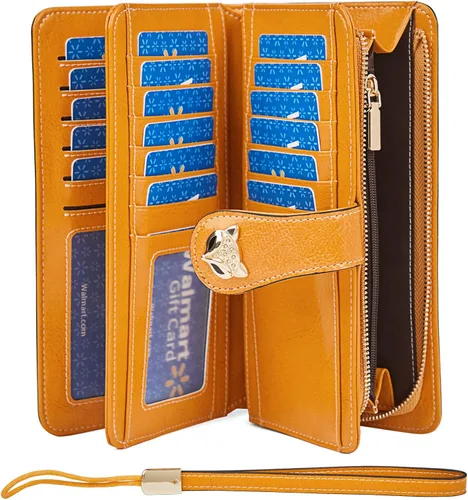 Vista 2 de FOXLOVER Cartera de pulsera de diseño para mujer, de gran capacidad, para mujer, con bloqueo RFID, tarjetero de cuero