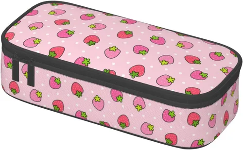 Vista 3 de Estuche para lápices con lunares rosados de fresa de gran capacidad, bolsa de papelería con cremallera, soporte portátil para bolígrafos