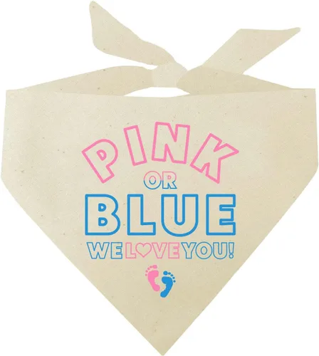 Vista 8 de Bandana para perro con texto en inglés «We Love You» rosa o azul, triángulo ajustable 100% algodón, fabricada en Estados Unidos, para sesión