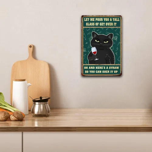 Vista 3 de Cartel de metal divertido de gato negro con texto en inglés «Let Me Pour You A Tall Glass of Get Over It»
