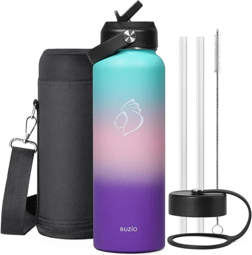 Vista 107 de BUZIO Botella de agua aislada de 24 oz, frasco de agua de boca ancha de acero inoxidable con tapa de pajita, frío durante 48 horas a prueba de Negro