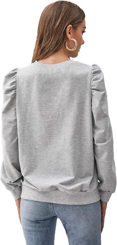 Vista 2 de Romwe Sudadera casual de manga larga abombada con cuello redondo para mujer