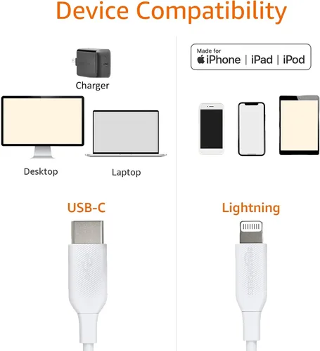 Vista 2 de Amazon Basics Cable de carga USB C a Lightning ABS, cargador certificado MFi para Apple iPhone 14, 13, 12, 11 X Xs Pro, Pro Max, Plus, iPad, 6 pies