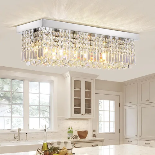 Vista 11 de Candelabros Modernos de Cristal para Lámpara de Comedor, Candelabro de Techo Rectangular Dorado de 6 Luces para Isla de Cocina y Sala de Estar
