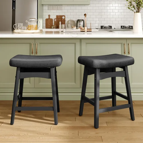 Vista 32 de MAISON ARTS Juego de 4 taburetes de bar grises para encimera de cocina, patas de madera maciza con asiento de silla de montar de piel sintética