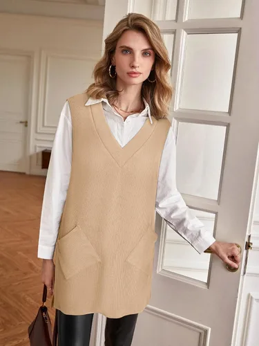 Vista 3 de VETIOR Women's Overall Sweater Vest Winter Spring Dress V Neck Sleeveless Pinafore Dress with Pockets