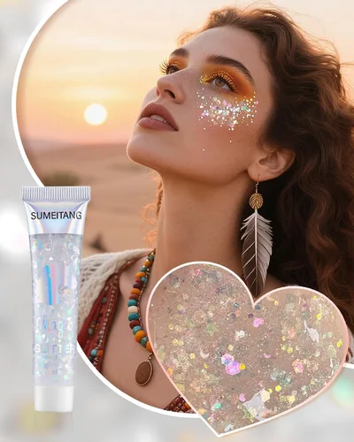 Vista 2 de Gel con purpurina para la cara y el cuerpo, 6 colores, con lentejuelas gruesas holográficas, pintura para fiestas, cantantes, conciertos, festivales