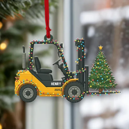 Vista 8 de Adorno de árbol de Navidad con nombre personalizado de madera para camión volquete, camión de transporte, equipo pesado, minicargadora, adorno