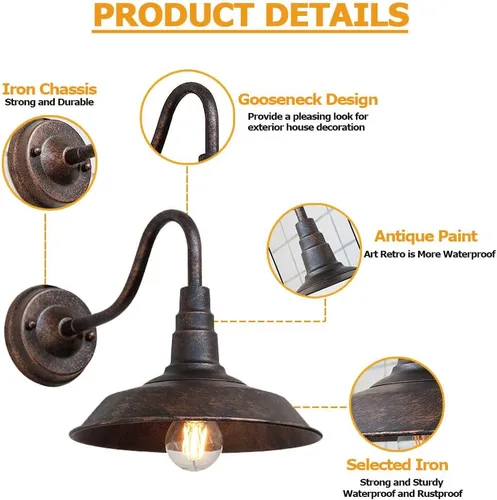 Vista 4 de Lámpara de pared para exteriores, faroles de pared de cuello de cisne de hierro de 9.8 pulgadas, luces retro E26, iluminación de pared