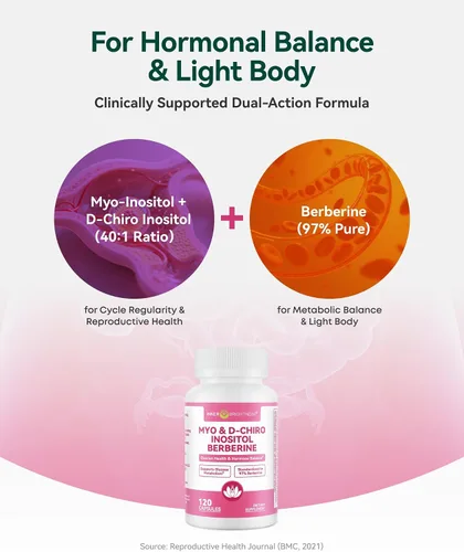 Vista 3 de Suplemento de inositol para mujeres, mio-inositol y D-Chiro inositol 40:1, bienestar reproductivo con berberina, MTHF folato y vitamina D3, apoya