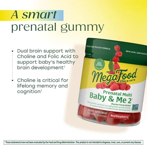 Vista 3 de MegaFood Baby & Me 2 vitaminas prenatales para mujeres con ácido fólico y colina para el desarrollo cerebral del bebé; además de fruta real, sabor