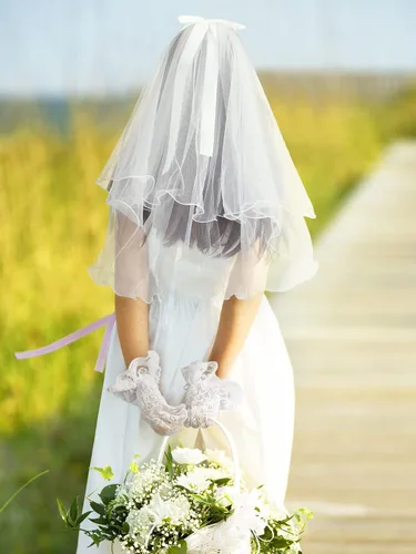 Vista 4 de 2 Pieces First Communion White Veil and Gloves Set First Holy Communion Accessories for Kids Wedding Party Costume