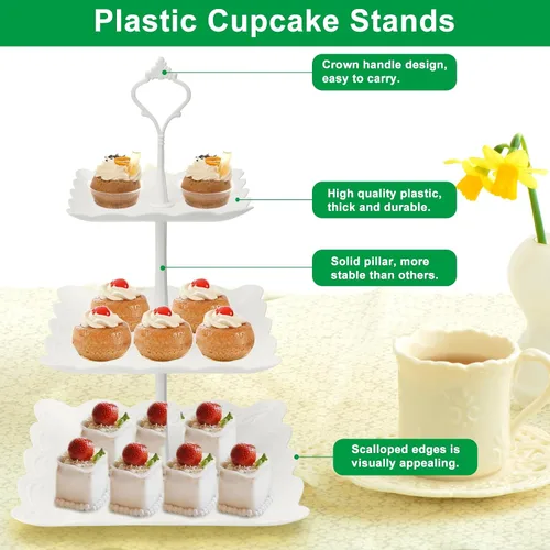 Vista 6 de Coitak Soporte para cupcakes de 3 niveles, soporte de plástico escalonado, bandeja cuadrada para postres para fiestas de té, cumpleaños y bodas