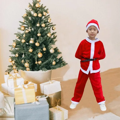 Vista 6 de Tangcii Disfraz de Papá Noel para niños traje de Papá Noel para niños traje de Navidad disfraz de terciopelo para Halloween 4 piezas vestido