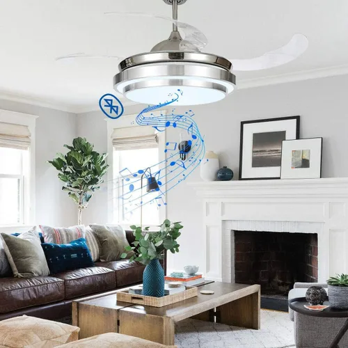 Vista 4 de Ventilador de techo de 42 pulgadas con luz y altavoz Bluetooth, moderno ventilador de techo retráctil plateado con control remoto, 3 cambios
