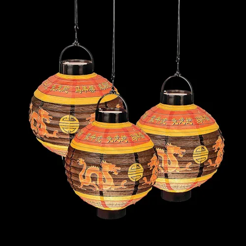 Vista 2 de Fun Express Juego de 3 linternas chinas colgantes de papel iluminado Dragon Print Design, Chinese New Year Party Decor
