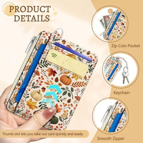 Vista 6 de Kelvoris Tarjetero pequeño para mujer, cartera delgada con bloqueo RFID, llavero con bolsillo para monedas con cremallera, bolsillo frontal