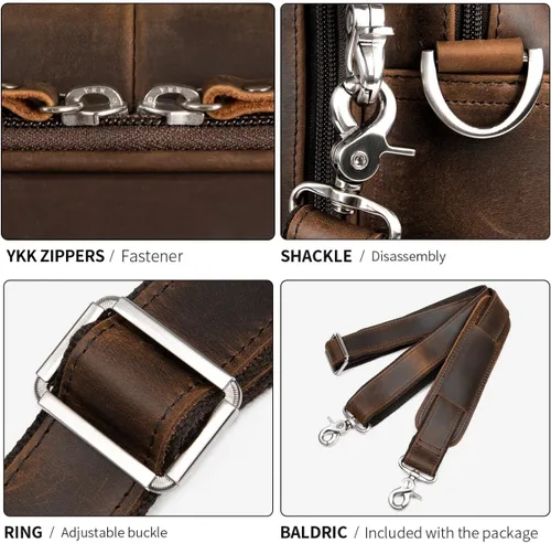 Vista 6 de Augus - Maletín de cuero para hombre de 16 pulgadas, bolso de hombro para laptop con correa de equipaje 100% full-grain leather, YKK zip, fits